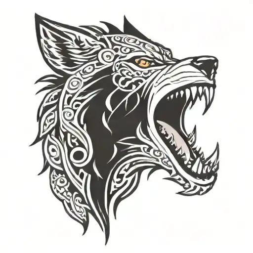 Tribal design, the head of a grey wolf howling is surrounded by the body of a snake eating its own tail. Black and white tattoo design idea