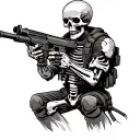 a skeleton soldier with a machine gun in his hands, in full height tattoo design idea