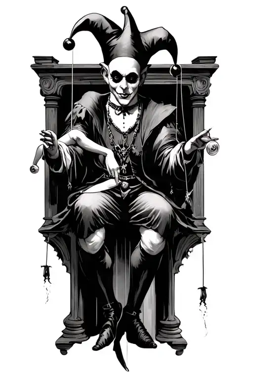 court jester gothic style , controlling a marionette puppett tattoo design idea