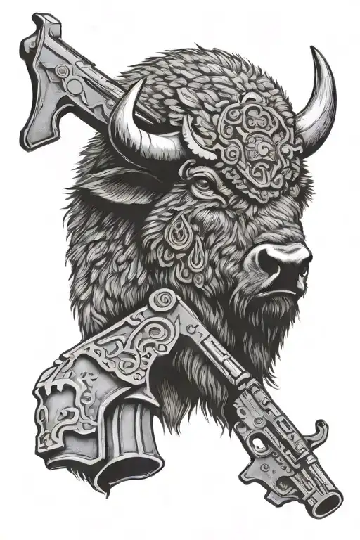 Bison head and Infantry cross rifle and Strength and Family  tattoo design idea