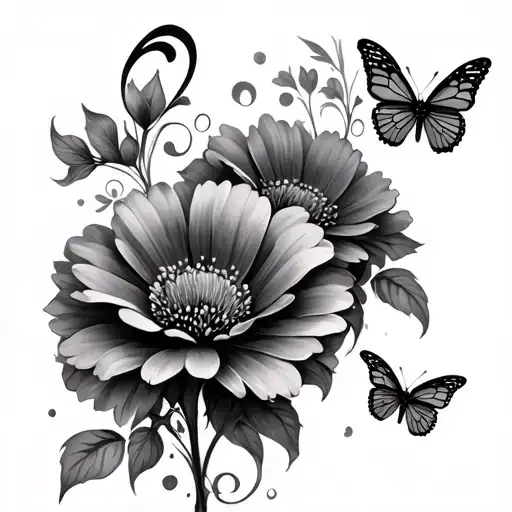 two flowers with bass clef stem with two butterflies tattoo design idea