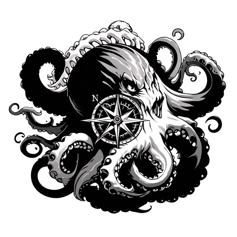 big kraken in center with nautical compass, waves and tentacles arouns tattoo design idea
