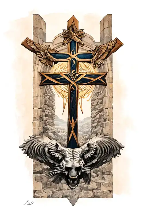 large Jerusalem Cross Dues Vault above and Kafir below tattoo design idea