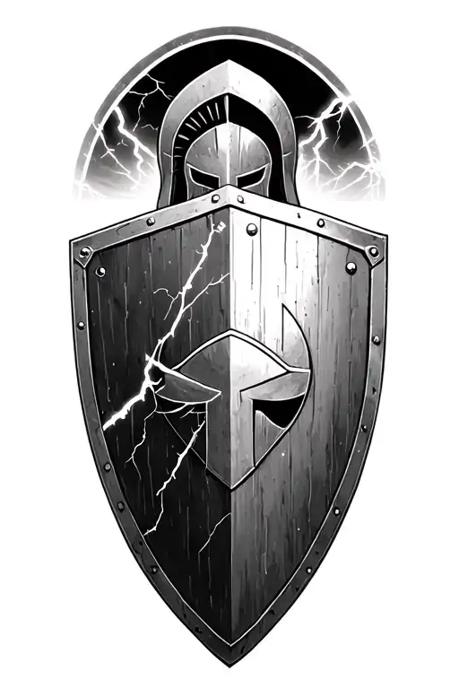 spartan with shield, lightning in the background tattoo design idea