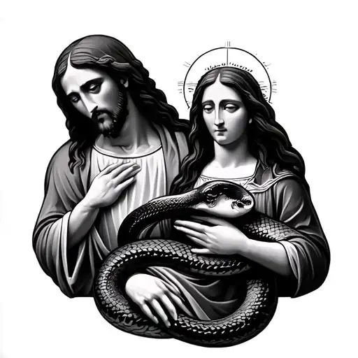 Jesus with Virgin Mary and a black mamba snake wrapped tattoo design idea