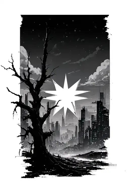 blade runner 1982 cityscape scene background. for escape bladerunner 2049 barren with dead tree. cancer star sign in sky tattoo design idea
