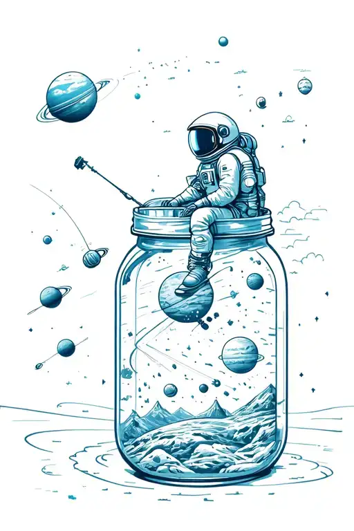 astronaut sitting on a satellite fishing into a mason jar that contains the solar system  tattoo design idea