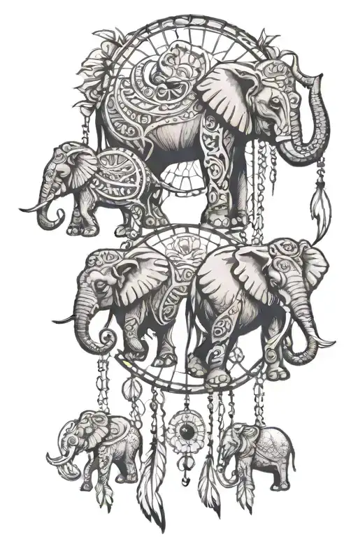 line of elephants leading one another inside a dream catcher tattoo design idea