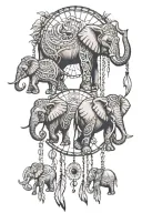 line of elephants leading one another inside a dream catcher tattoo design idea