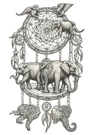line of elephants leading one another inside a dream catcher tattoo design idea