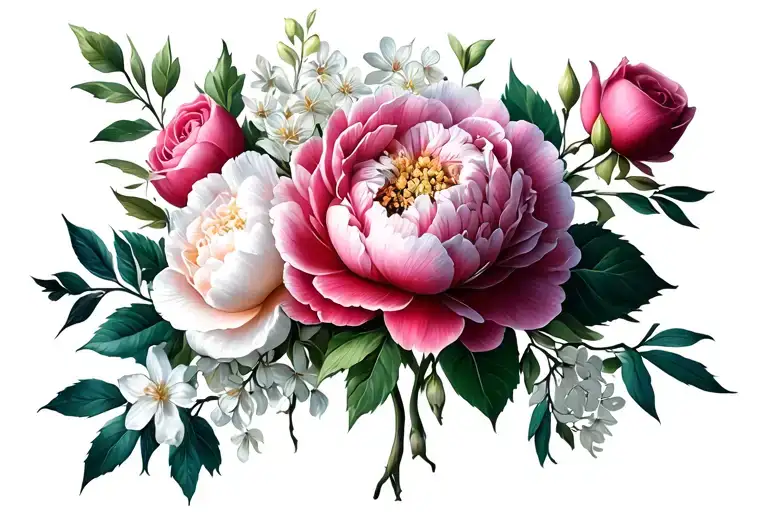 peony, jasmine and rose bouquet tattoo design idea