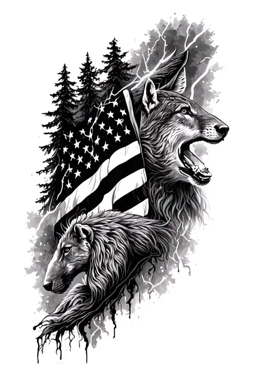 American flag, forest, animals, lightning tattoo design idea