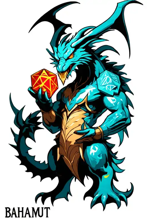 Bahamut holding a d20 dice tattoo design idea