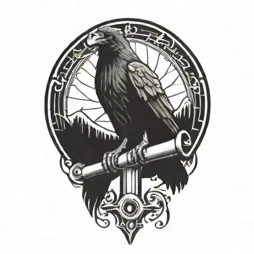 raven perched mechanics wrench crossed together symbolizing tattoo design idea