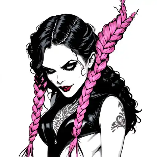 Vampire 40+ years old with pink shafts braided into braids, in a black swimsuit and flatter tattoo design idea