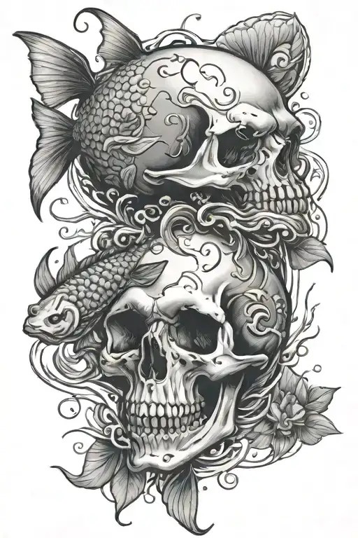 skull and coy fish swimming underwater realistic tattoo tattoo design idea