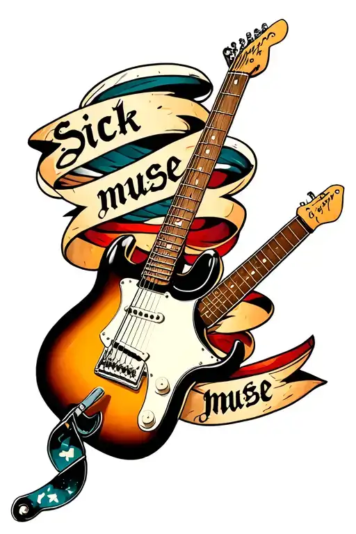 an electric guitar with the guitar strap that looks like a banner that says "sick muse" the guitar wraps around tattoo design idea