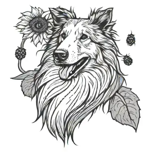 rough collie dog with a single sunflower and ladybugs tattoo design idea