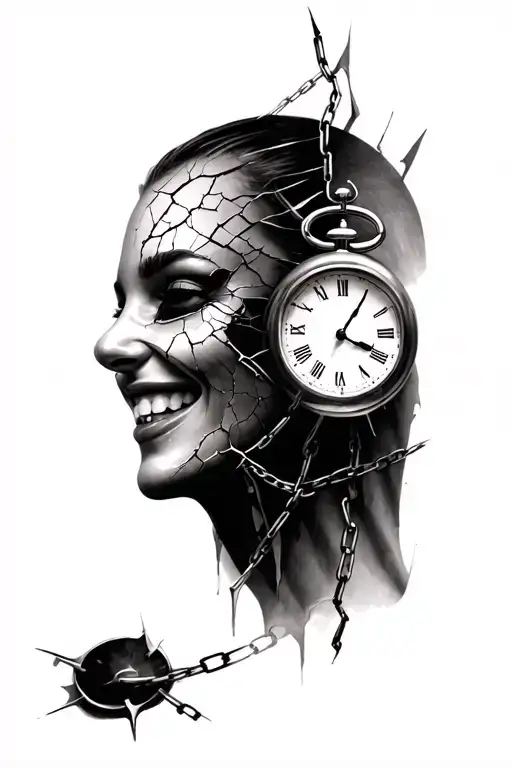 "Asymmetric face, masked smile, cracked and tear-streaked side. Black-grey tones, broken chains, shattered clock." tattoo design idea