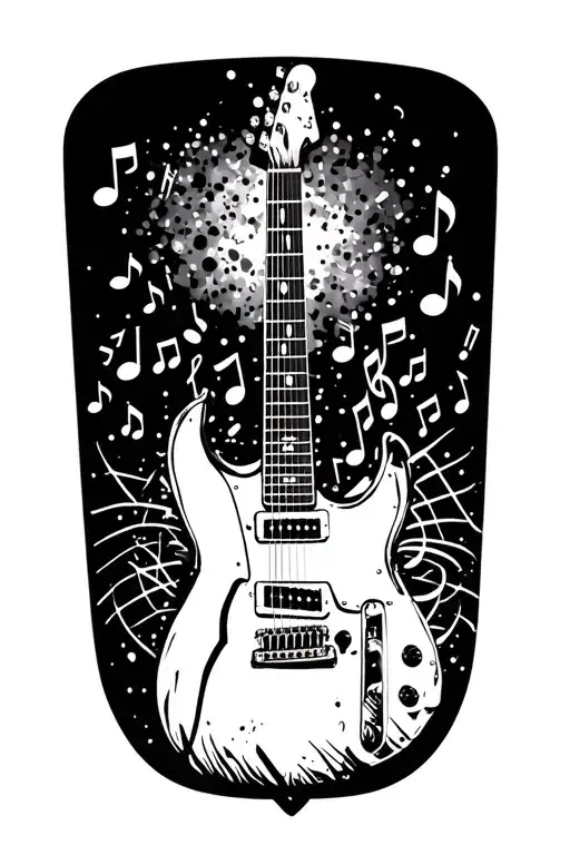a black guitar pick with a white silhouette guitar blending from the bottom. incorporating music notes  tattoo design idea