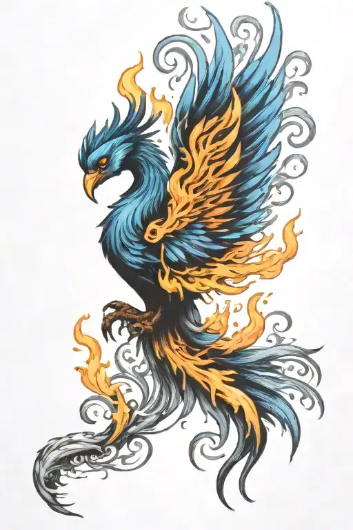 Blue Phoenix rising from flames tattoo design idea