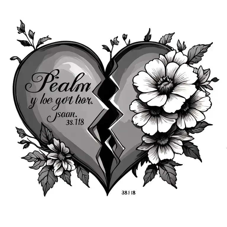 "Psalm 38:18" broken heart with flowers tattoo design idea