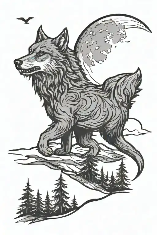 forest and werewolf howls at the moon on the mountain all hand tattoo design idea