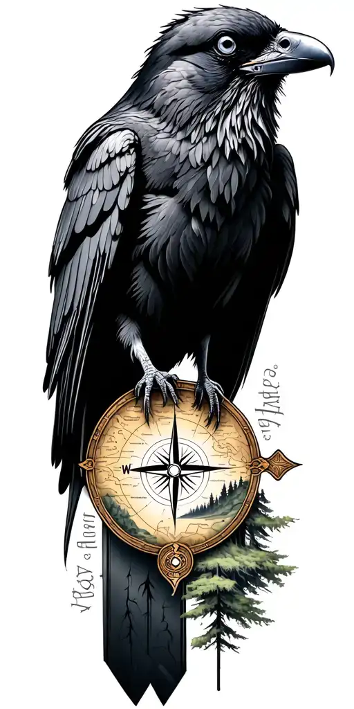 black and grey nature piece with a Crow, topographical map, compass, and forests and mountains tattoo design idea