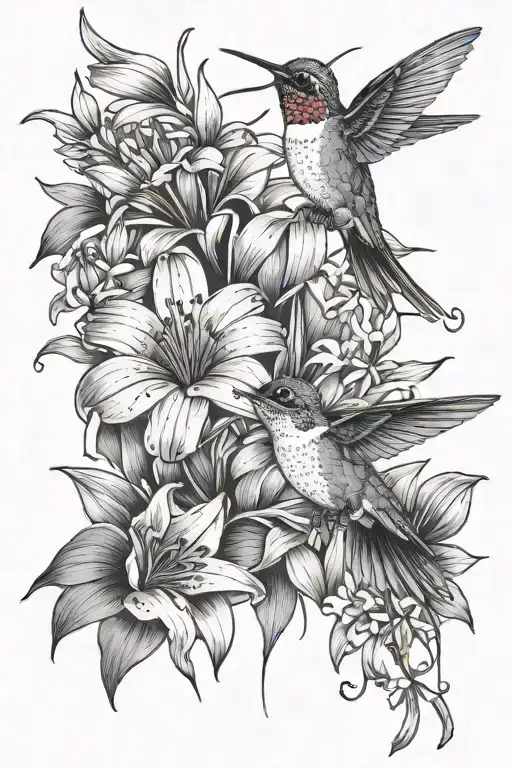 fine line dasies and lilys with a smalll hummingbird, thin stems tattoo design idea