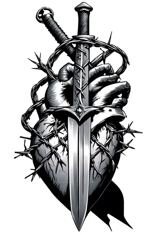 A huge sword piercing heart and barbed wire around the sword tattoo design idea