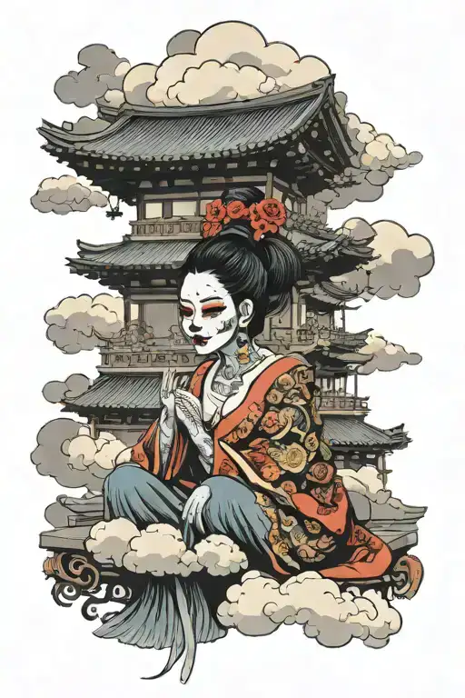 Catrina sitting in a Japanese temple with clouds tattoo design idea