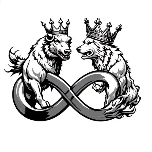 Raging Bull with kings crown chasing Lone Wolf with Queens crown inside infinity symbol with automotive piston pumping  tattoo design idea