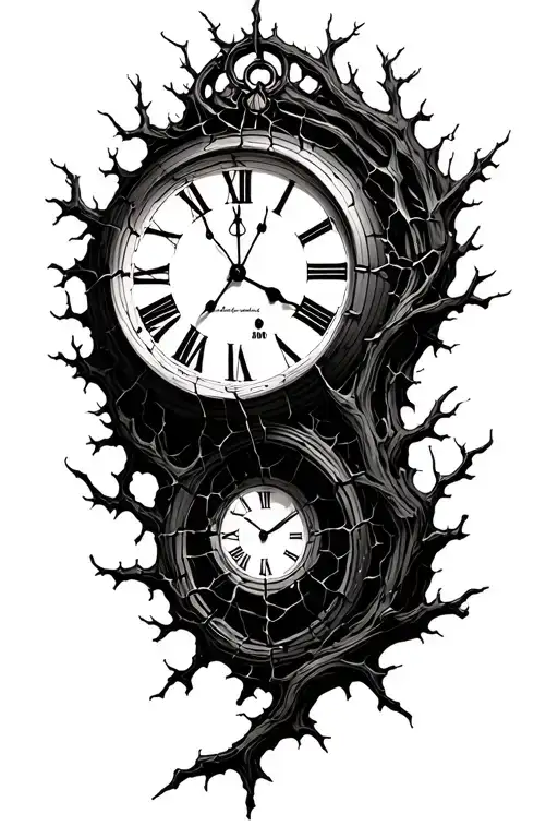 Shattered clock with branches forming around the clock and keeping it in place tattoo design idea