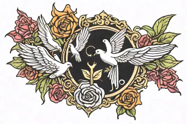 church glass shards with dove and praying hands holding tattoo design idea