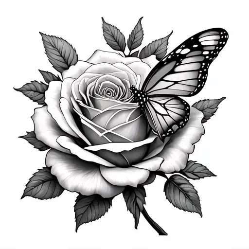 Forearm tattoo of a A realistic butterfly on a blooming rose. The name "Ti'Asha" is written as the butterfly's body.  tattoo design idea