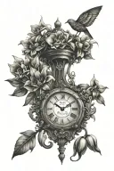 a mechanical clock in roman numerals going up to fourteen and stops at 5:14, i want the clock surrounded by daffodils th tattoo design idea