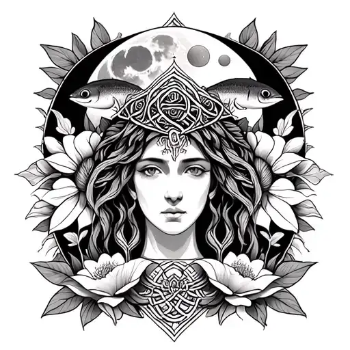 Celtic Goddess, Danu. Surrounded by Salmon, the moon and Moonflowers tattoo design idea