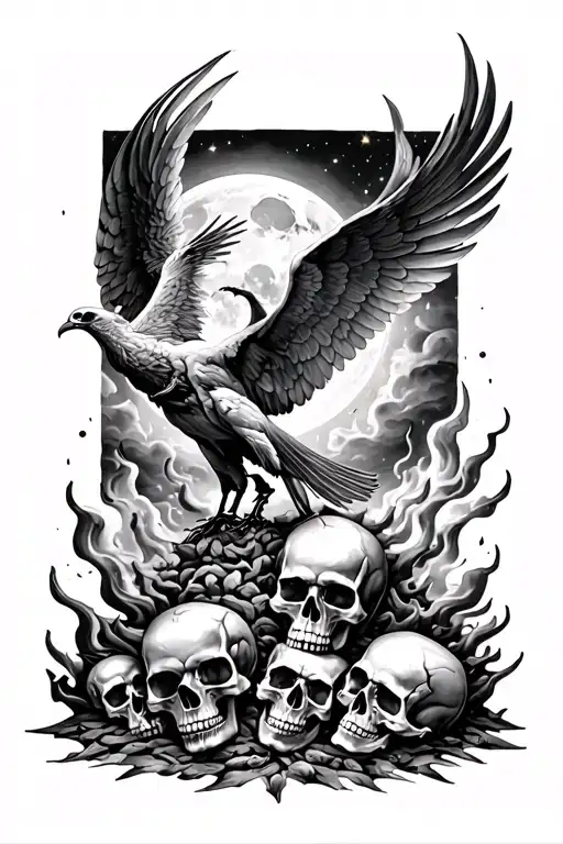 phoenix rising from the ashes,small skulls aound the base of the ashes,fallen angel overlooking, and a moonlit night sky tattoo design idea