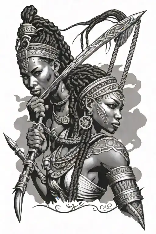 African warrior, woman, beautiful, with braids and carrying a spear tattoo design idea