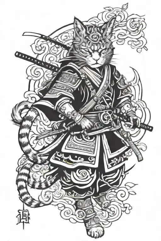 Japanese samurai full length pirate cat tattoo design idea