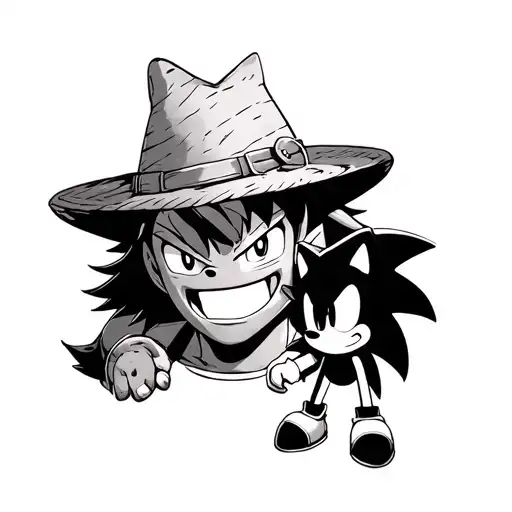 Create a tattoo design featuring Gengar, Luffy's straw hat, Luna from Sailor Moon, and Sonic the Hedgehog. tattoo design idea