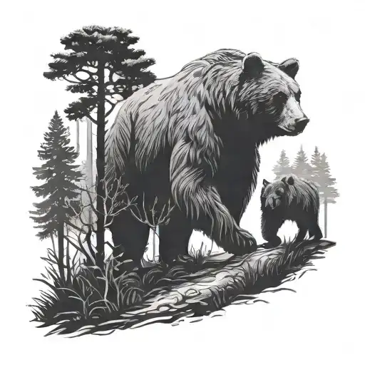 a silhouette image of a young woman and a large bear walking down a path in the woods tattoo design idea