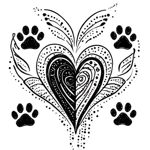 •	Elements:	•	4 paw prints in outline (walking upward/diagonally).	•	A dotted outline heart.	•	A half butterfly wing  tattoo design idea