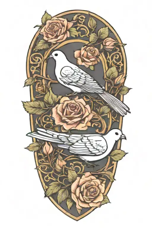wreath of roses a seated dove perched and army dog tags with chain necklace tattoo design idea
