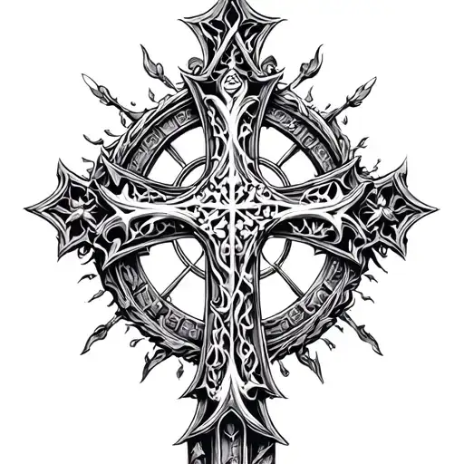 cyber sigilism and gothic church and Irish cross tattoo tattoo design idea