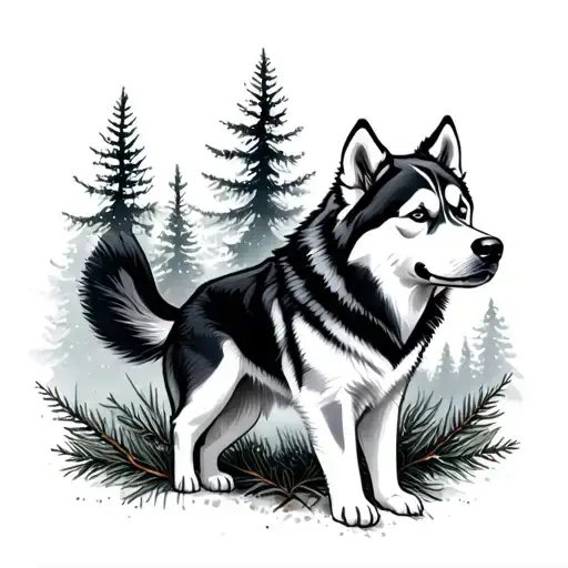 husky and pine forest tattoo design idea