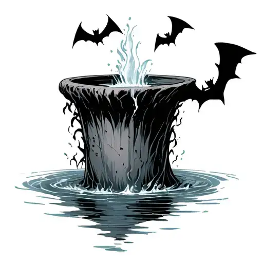 a well of water with bats flying out tattoo design idea