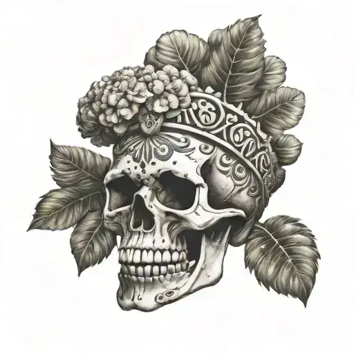 huitzilopochtli skull with cauliflower on the head facing forward tattoo design idea