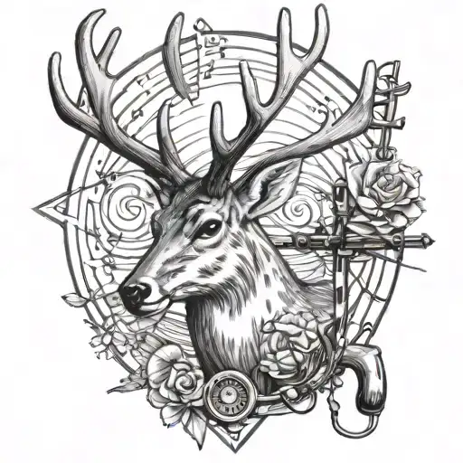 deer  head , fishing pole, country music tattoo design idea