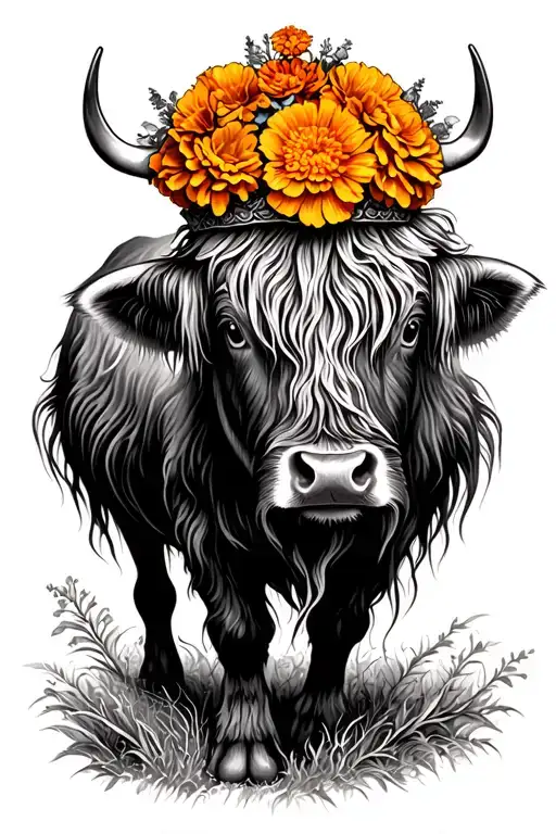 highland cow with marigold crown tattoo design idea